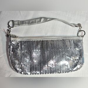 Y2k Vintage Silver Sequin Clutch Bag Purse Small Silver Hardware